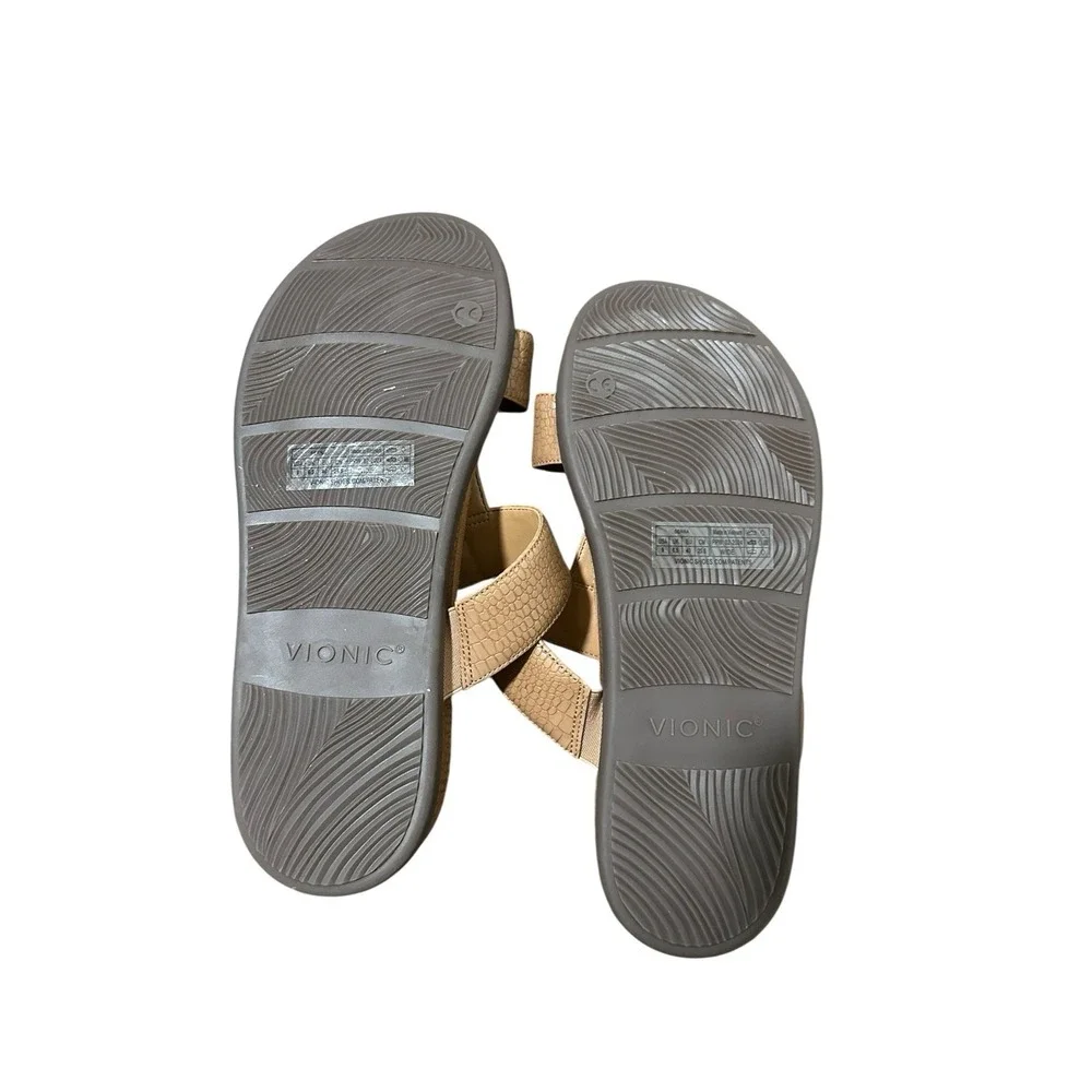 Vionic Women's Serra‎ Slide Sandal Size 9 WIDE Tan T-Strap Slip-on Supportive